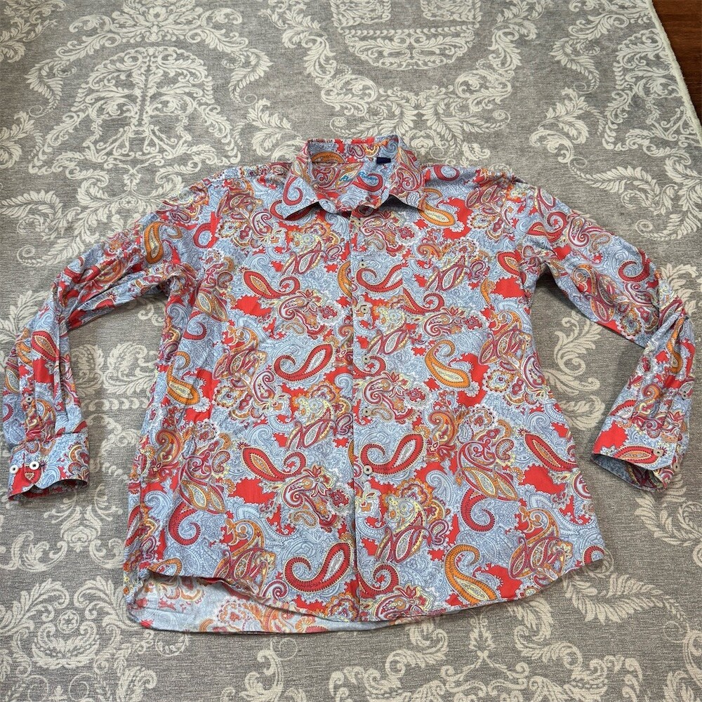 Alan Flusser Shirt Mens XL Paisley Print Long Sleeve Button-Up Red Blue